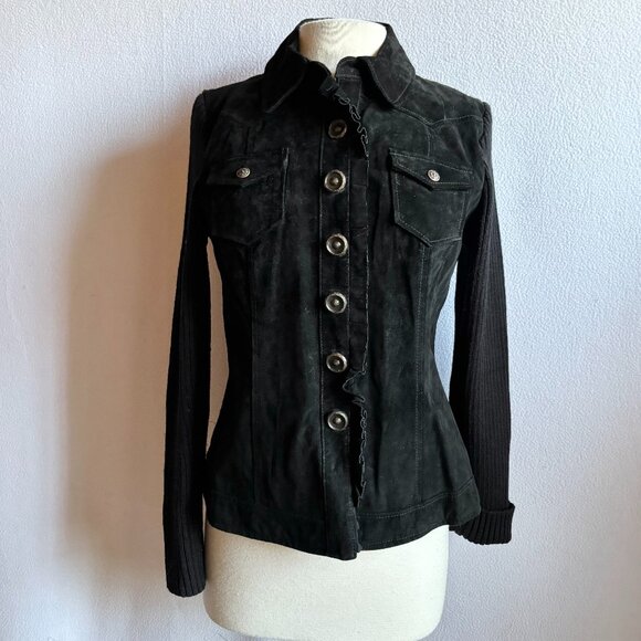 Black Suede & Knit Jacket Snap Closure Pockets Ruffle Front Size M - Picture 1 of 11
